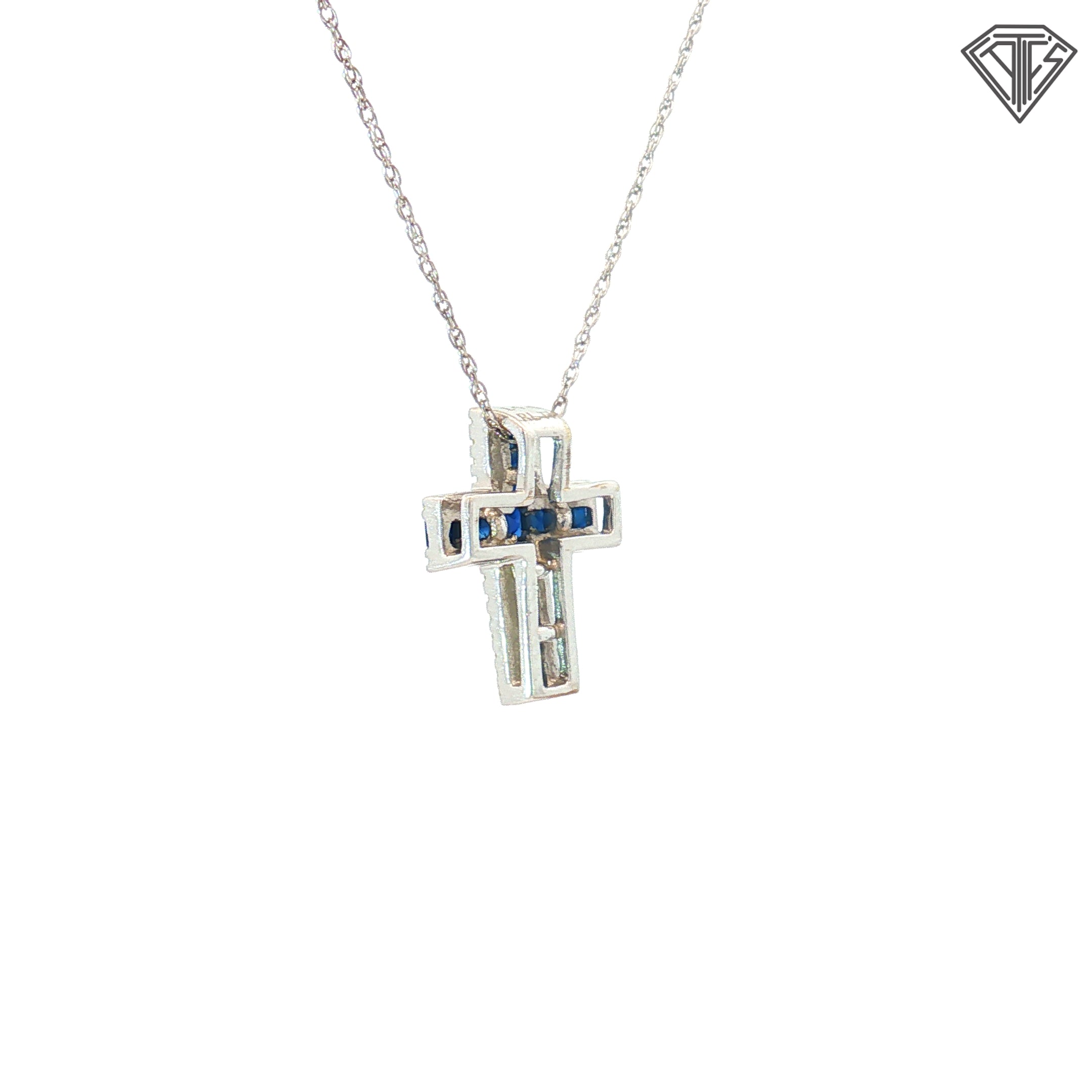 14k White Gold .30ct Princess Cut Blue Sapphire/ .15ct G SI1 Round Diamond 1/2 inch Cross 18"inch Necklace