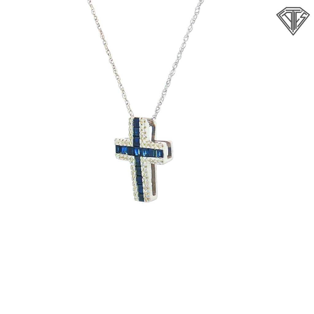 14k White Gold .30ct Princess Cut Blue Sapphire/ .15ct G SI1 Round Diamond 1/2 inch Cross 18"inch Necklace