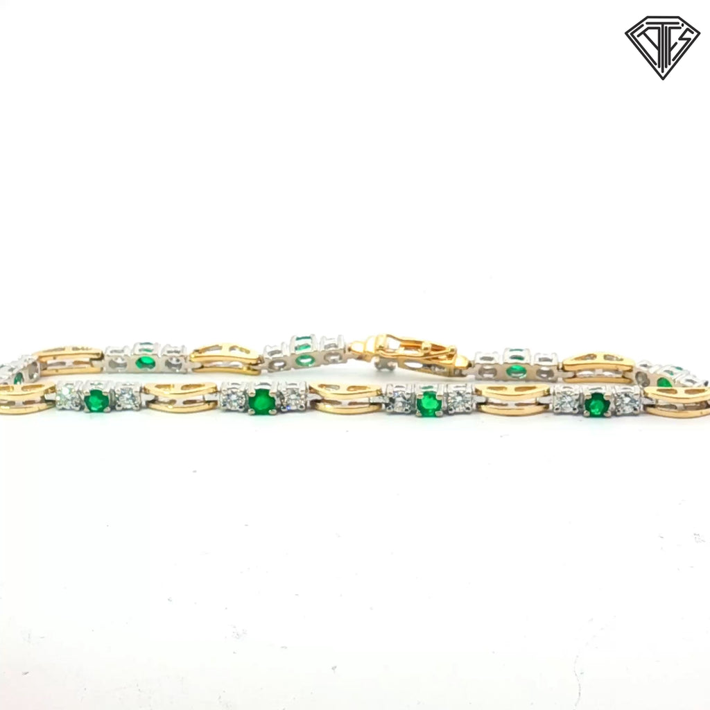14k Two Tone 1.50ct G VS1 Round Diamond / 1.00ct Round Emerald Bracelet 8"inch
