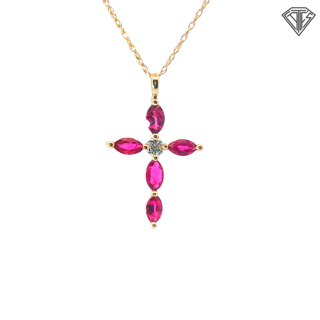 14k Yellow Gold 1.00ct Ruby Marquise / .12ct G SI1  Round Diamond Cross Pendant