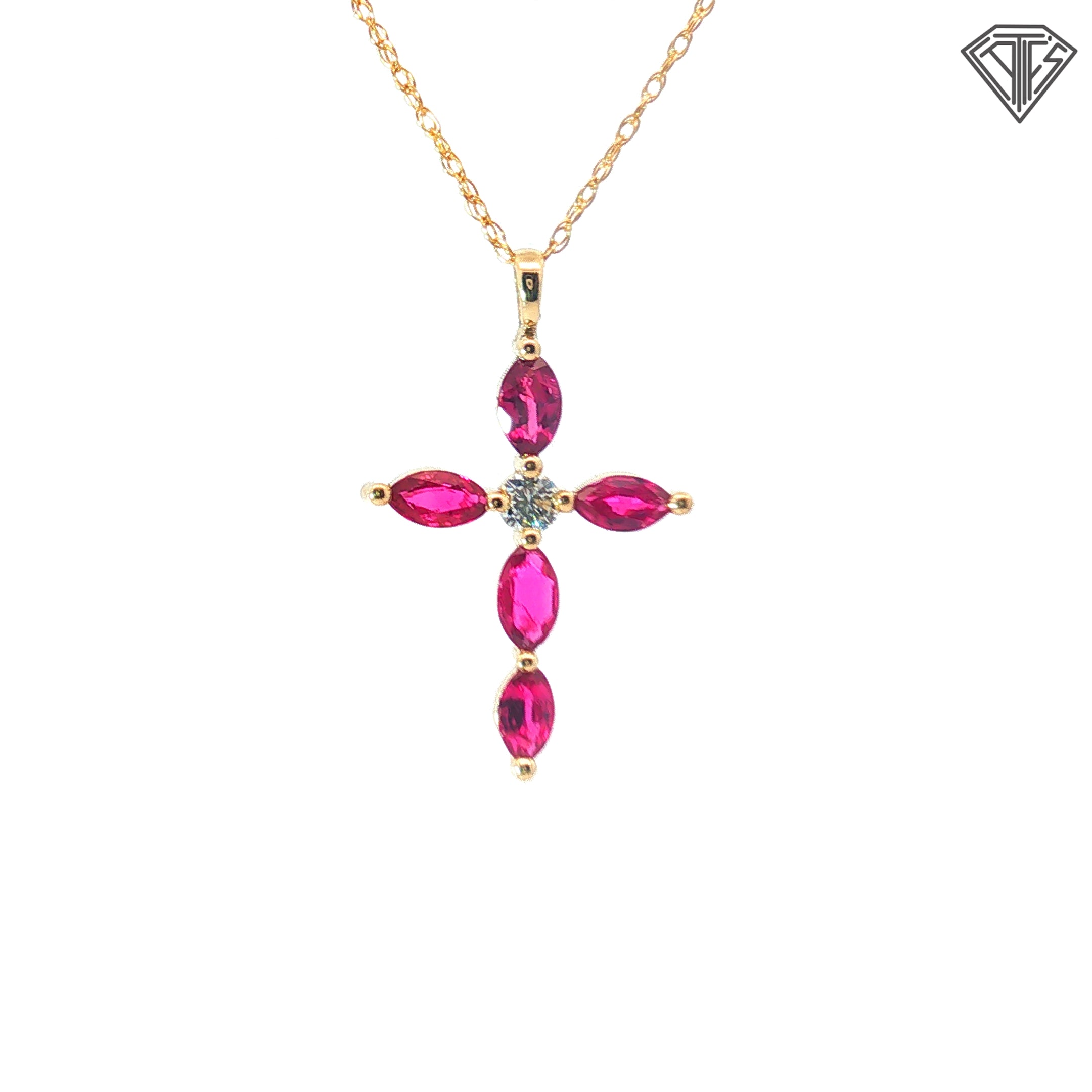 14k Yellow Gold 1.00ct Ruby Marquise / .12ct G SI1  Round Diamond Cross Pendant