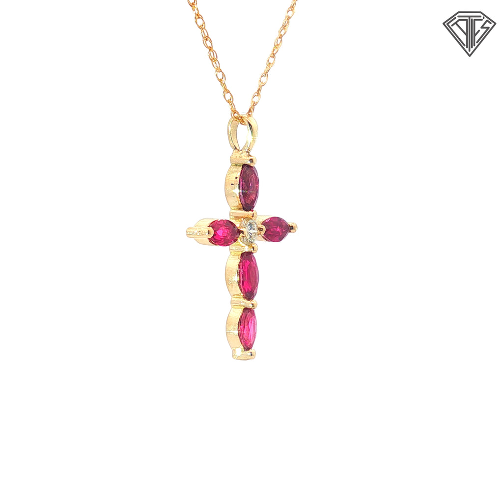 14k Yellow Gold 1.00ct Ruby Marquise / .12ct G SI1  Round Diamond Cross Pendant