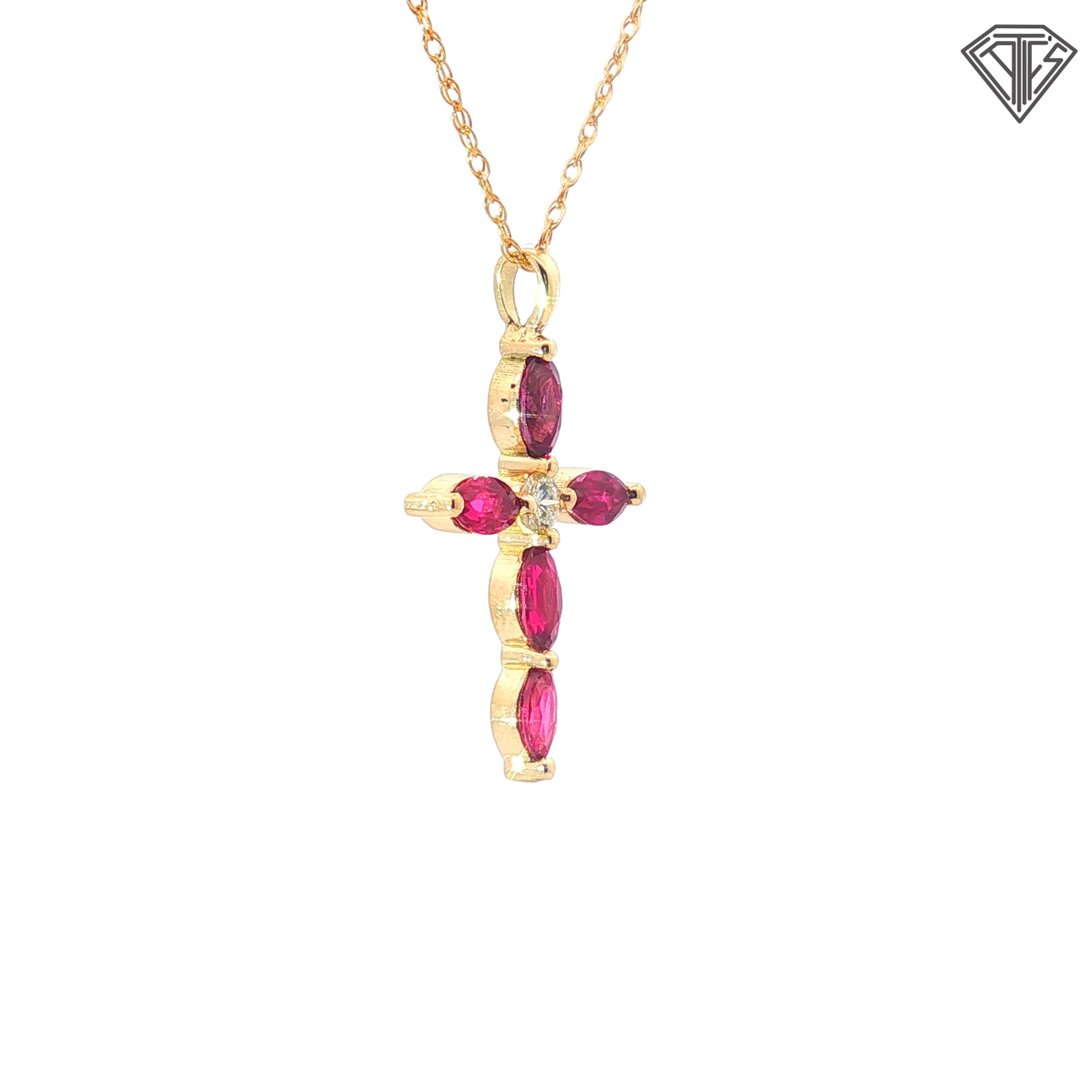 14k Yellow Gold 1.00ct Ruby Marquise / .12ct G SI1  Round Diamond Cross Pendant