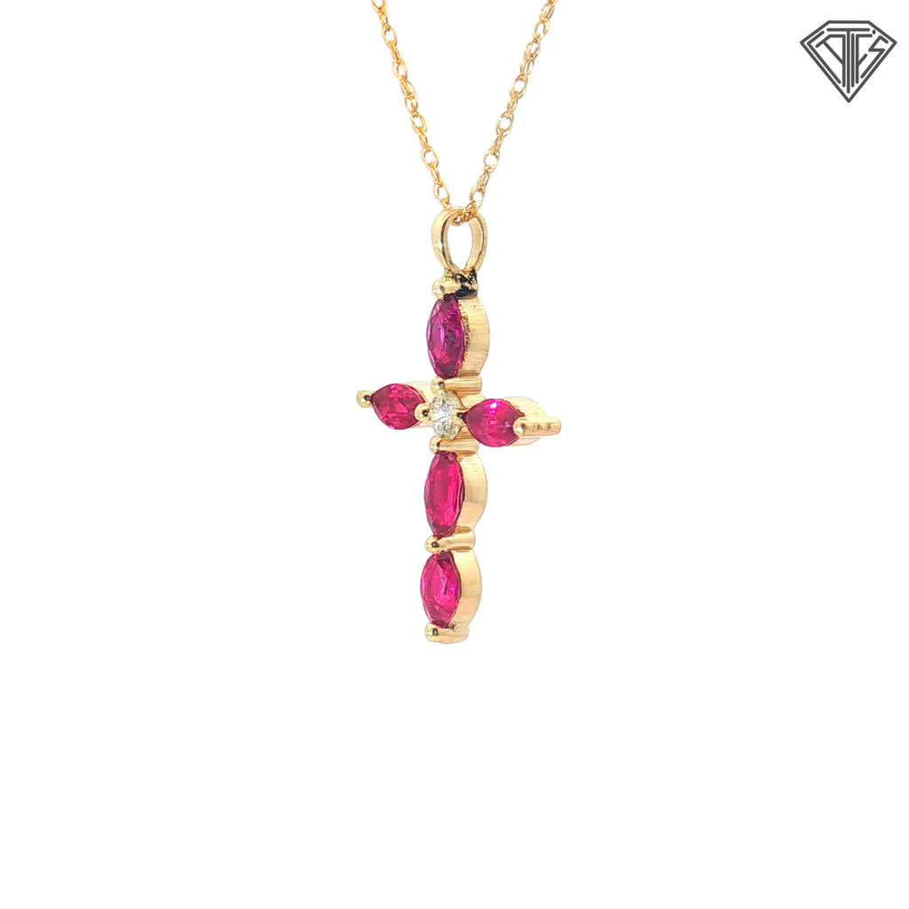 14k Yellow Gold 1.00ct Ruby Marquise / .12ct G SI1  Round Diamond Cross Pendant