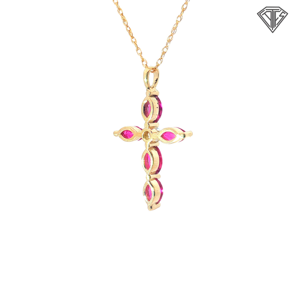 14k Yellow Gold 1.00ct Ruby Marquise / .12ct G SI1  Round Diamond Cross Pendant