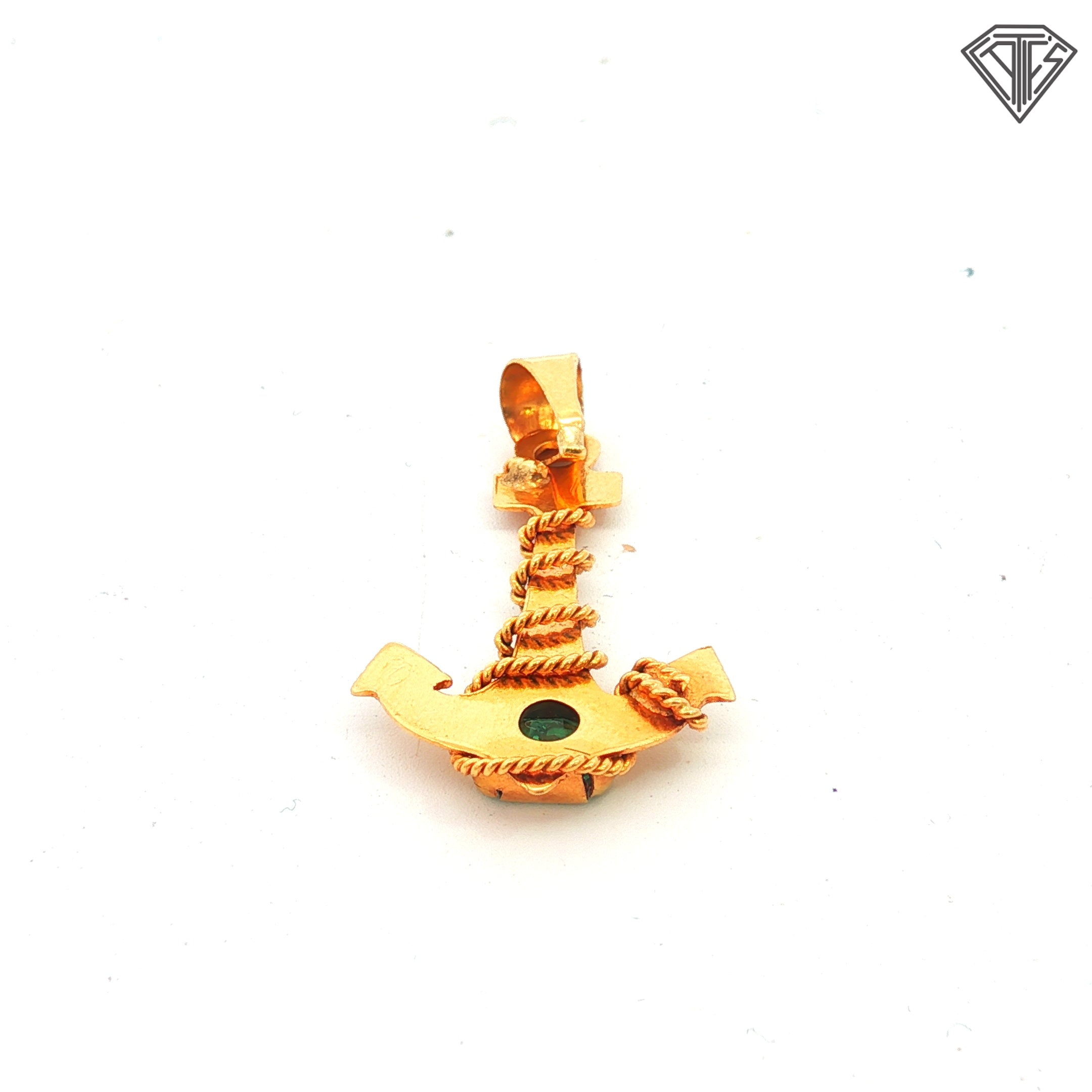 18k Yellow Gold Rectangular-Cut Emerald Center Anchor Design with Rope Detailing Pendant