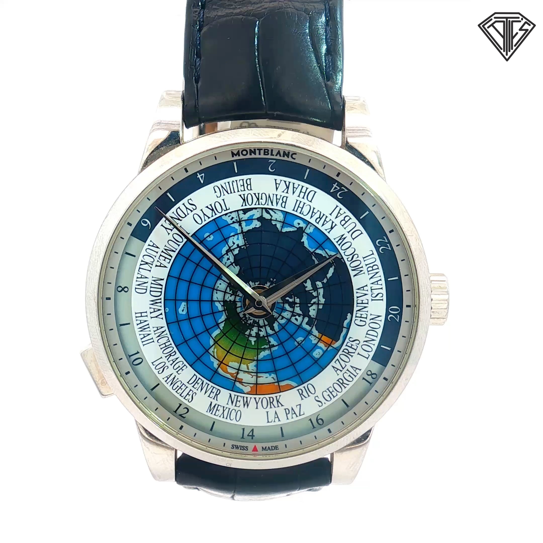 Pre-Owned Montblanc World Time Automatic Watch with Map Dial Automatic Movement/ Stainless Steel/ Black Leather Strap/ Sapphire Crystal / Design For Unicef World