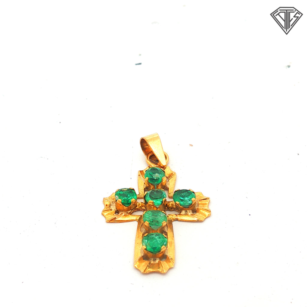 18k Yellow Gold Vintage .58ct Round Emerald Cross Pendant