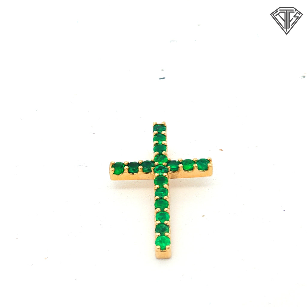 14k Yellow Gold .55ct Round Colombian Emerald Diamond Cross Pendant 1 x 1/2 inch