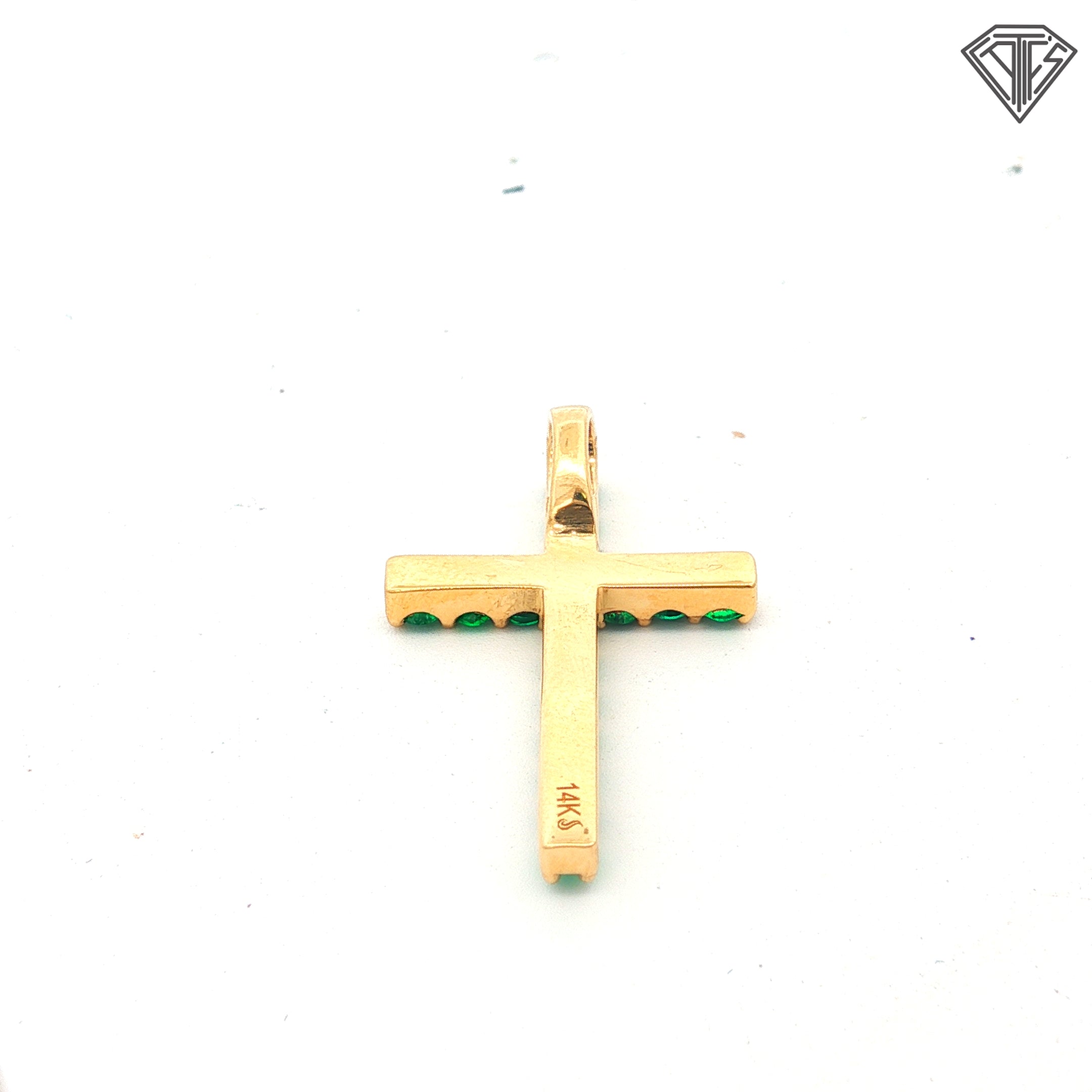 14k Yellow Gold .55ct Round Colombian Emerald Diamond Cross Pendant 1 x 1/2 inch