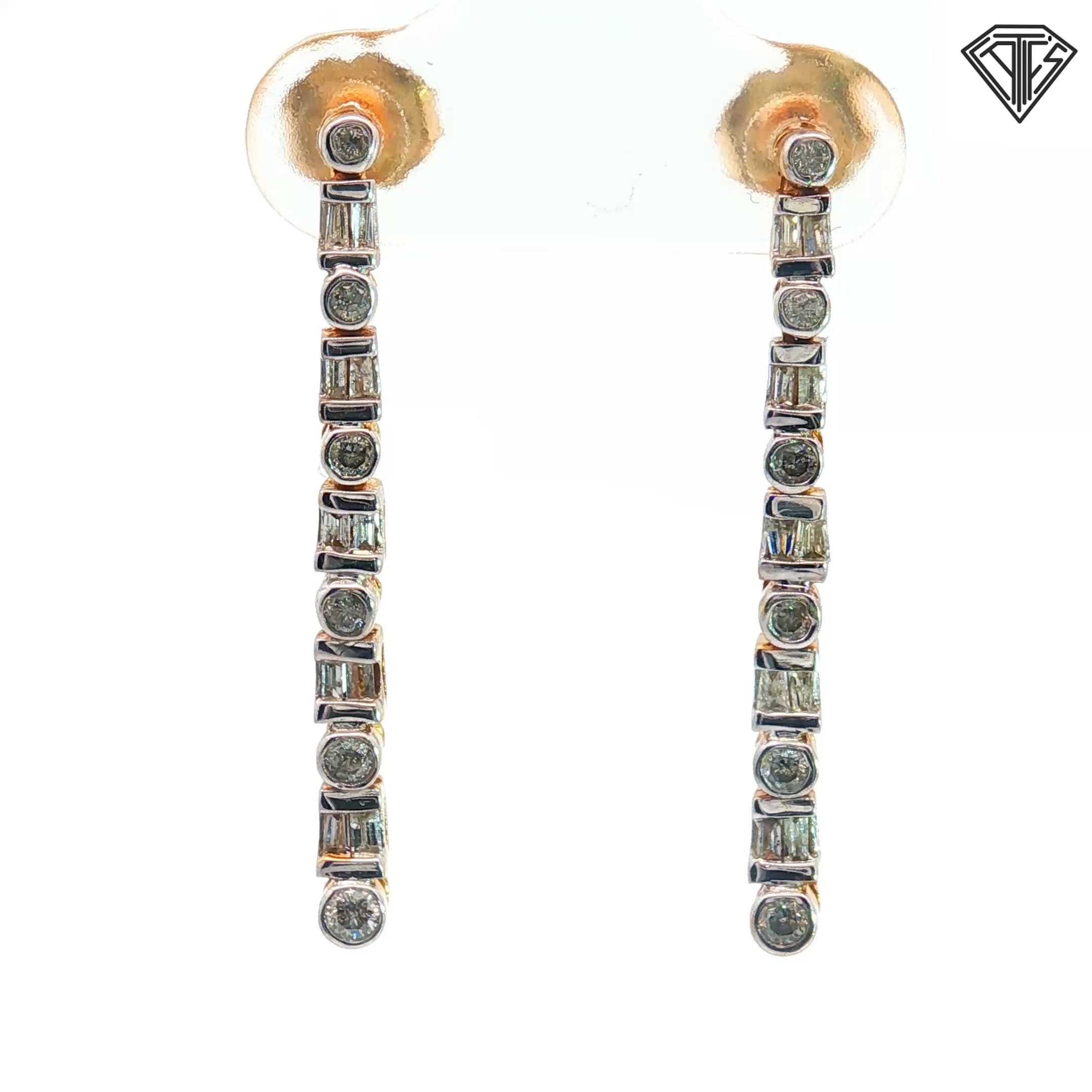 14k Yellow Gold .50ct H SI1 Round and Baguette Diamond Dangle Earrings