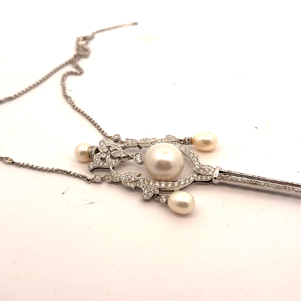18k White Gold 1.75ct G VS2 Round Diamond with Akoya Pearl Lavalier and Garland Pin/ brooch was Converted into Pendant Vintage / Art Deco Style