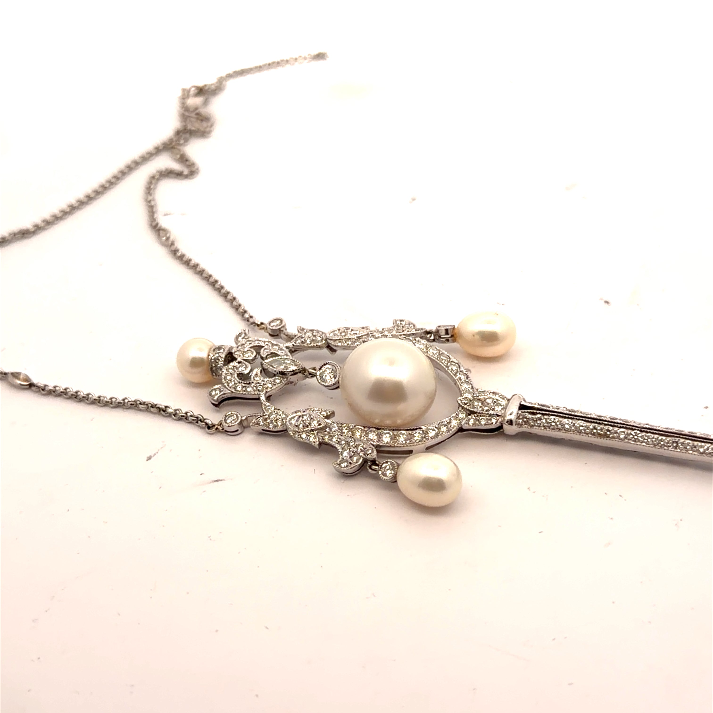 18k White Gold 1.75ct G VS2 Round Diamond with Akoya Pearl Lavalier and Garland Pin/ brooch was Converted into Pendant Vintage / Art Deco Style