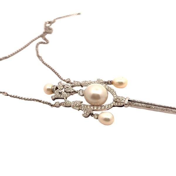18k White Gold 1.75ct G VS2 Round Diamond with Akoya Pearl Lavalier and Garland Pin/ Brooch Was Converted into Pendant Vintage / Art Deco Style