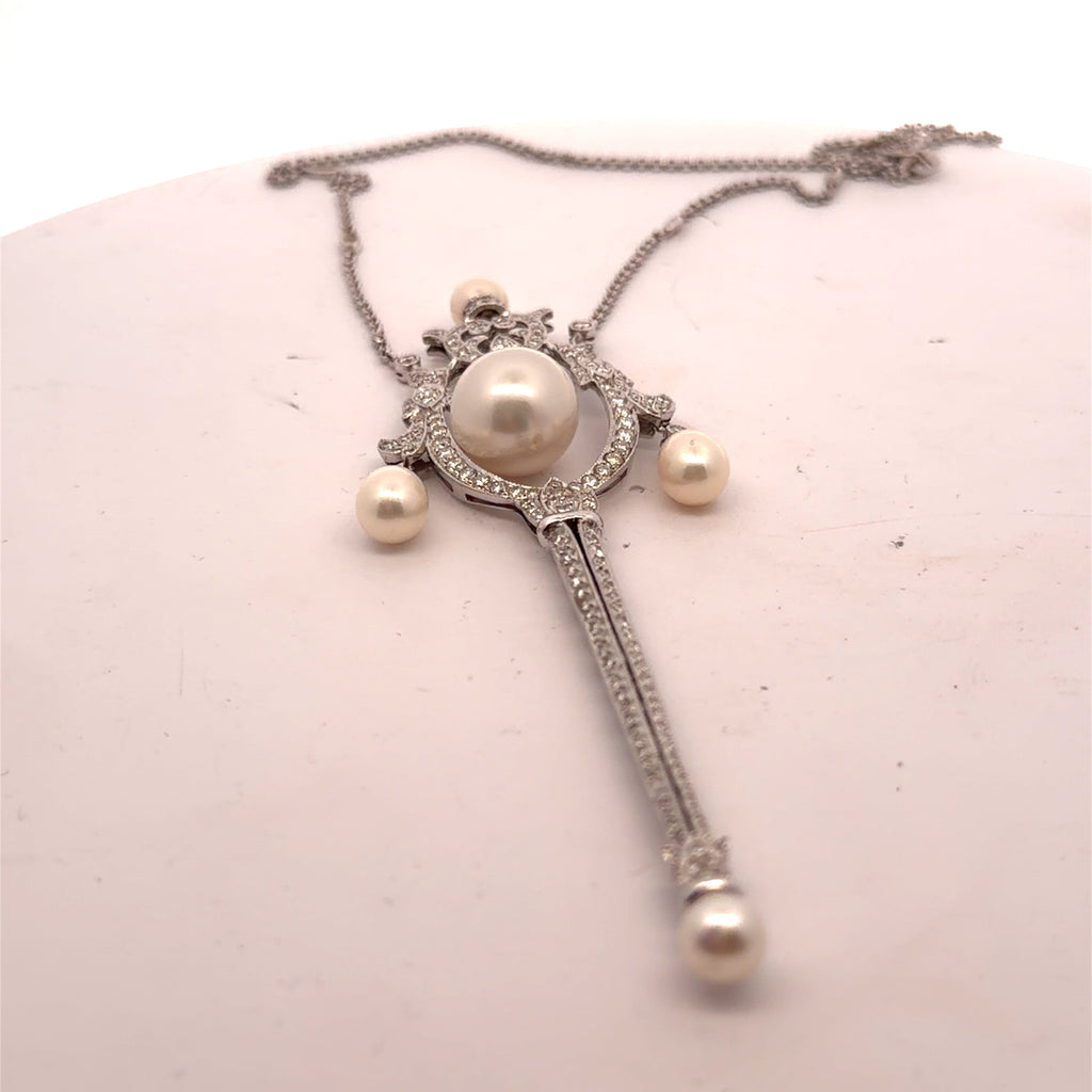 18k White Gold 1.75ct G VS2 Round Diamond with Akoya Pearl Lavalier and Garland Pin/ brooch was Converted into Pendant Vintage / Art Deco Style