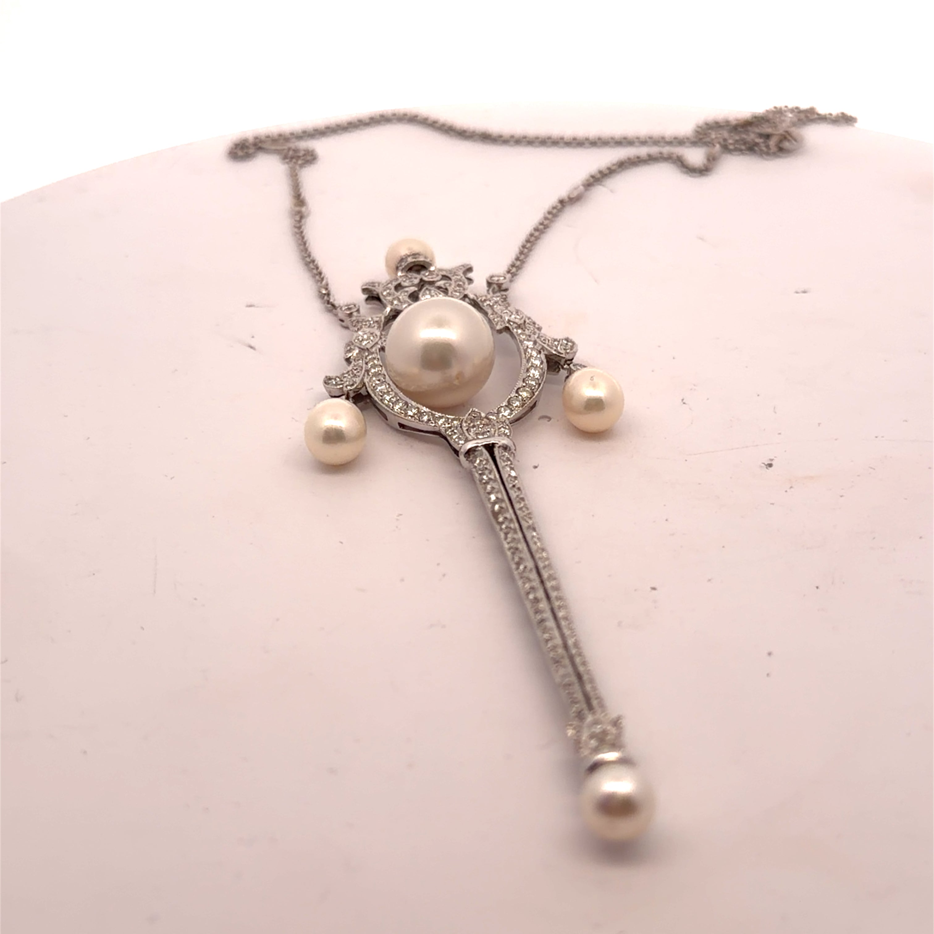 18k White Gold 1.75ct G VS2 Round Diamond with Akoya Pearl Lavalier and Garland Pin/ brooch was Converted into Pendant Vintage / Art Deco Style