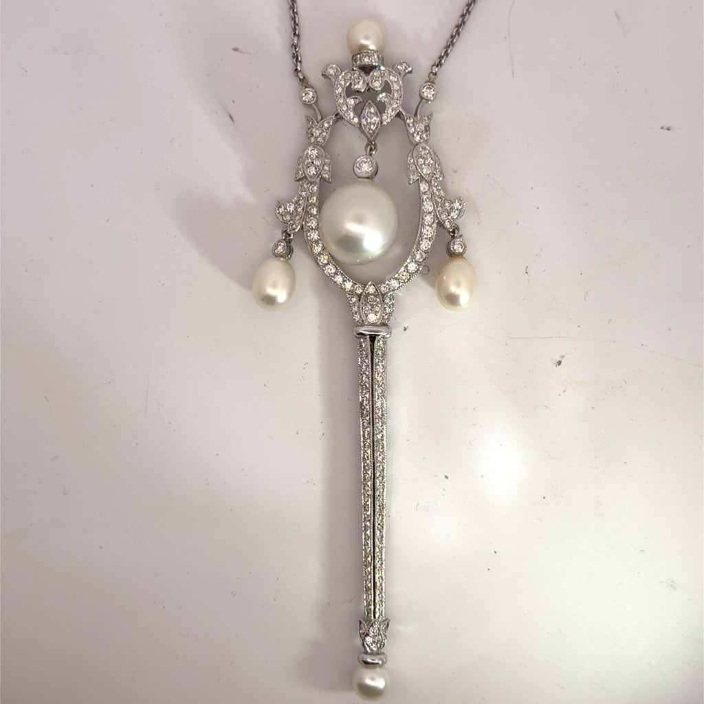 18k White Gold 1.75ct G VS2 Round Diamond with Akoya Pearl Lavalier and Garland Pin/ brooch was Converted into Pendant Vintage / Art Deco Style