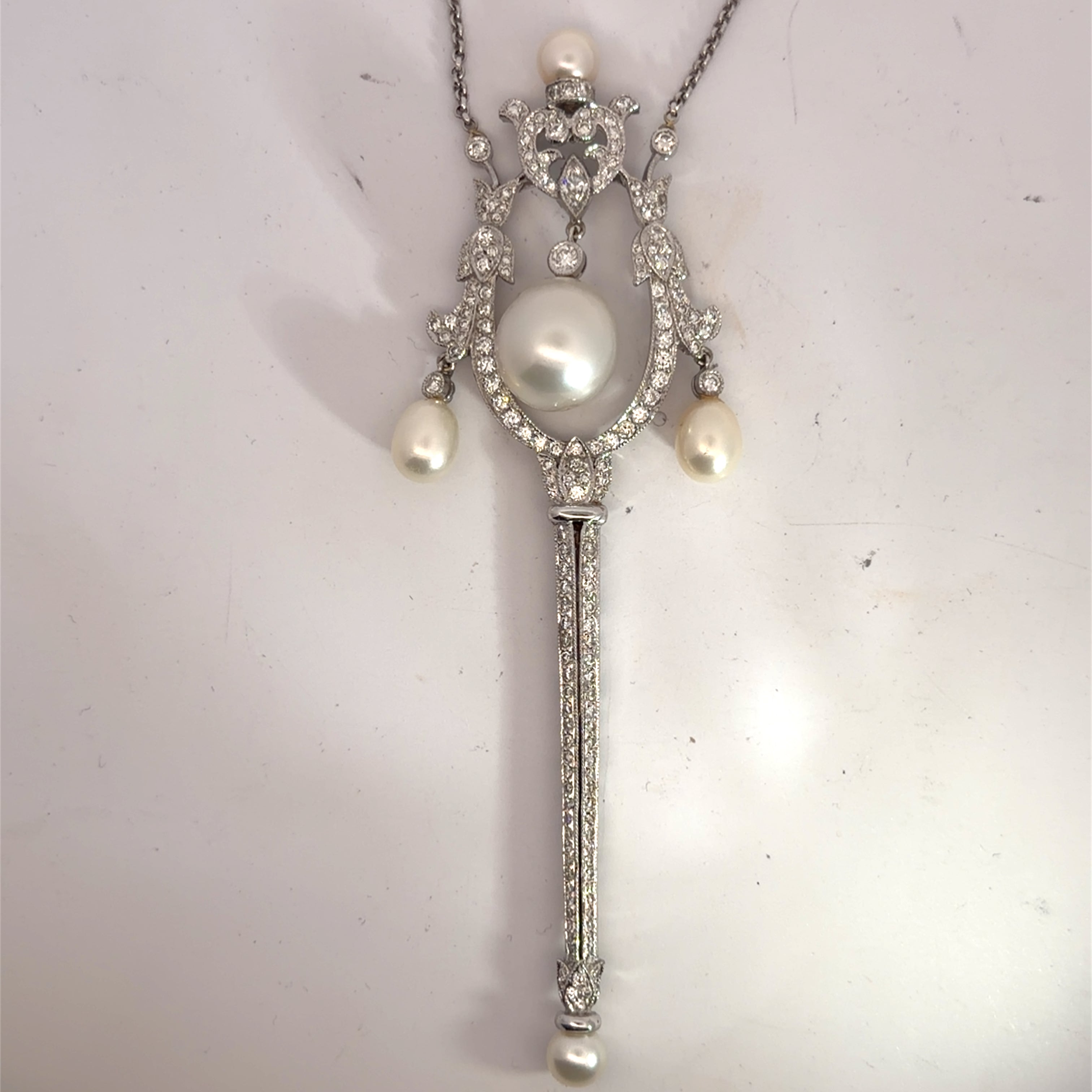 18k White Gold 1.75ct G VS2 Round Diamond with Akoya Pearl Lavalier and Garland Pin/ brooch was Converted into Pendant Vintage / Art Deco Style