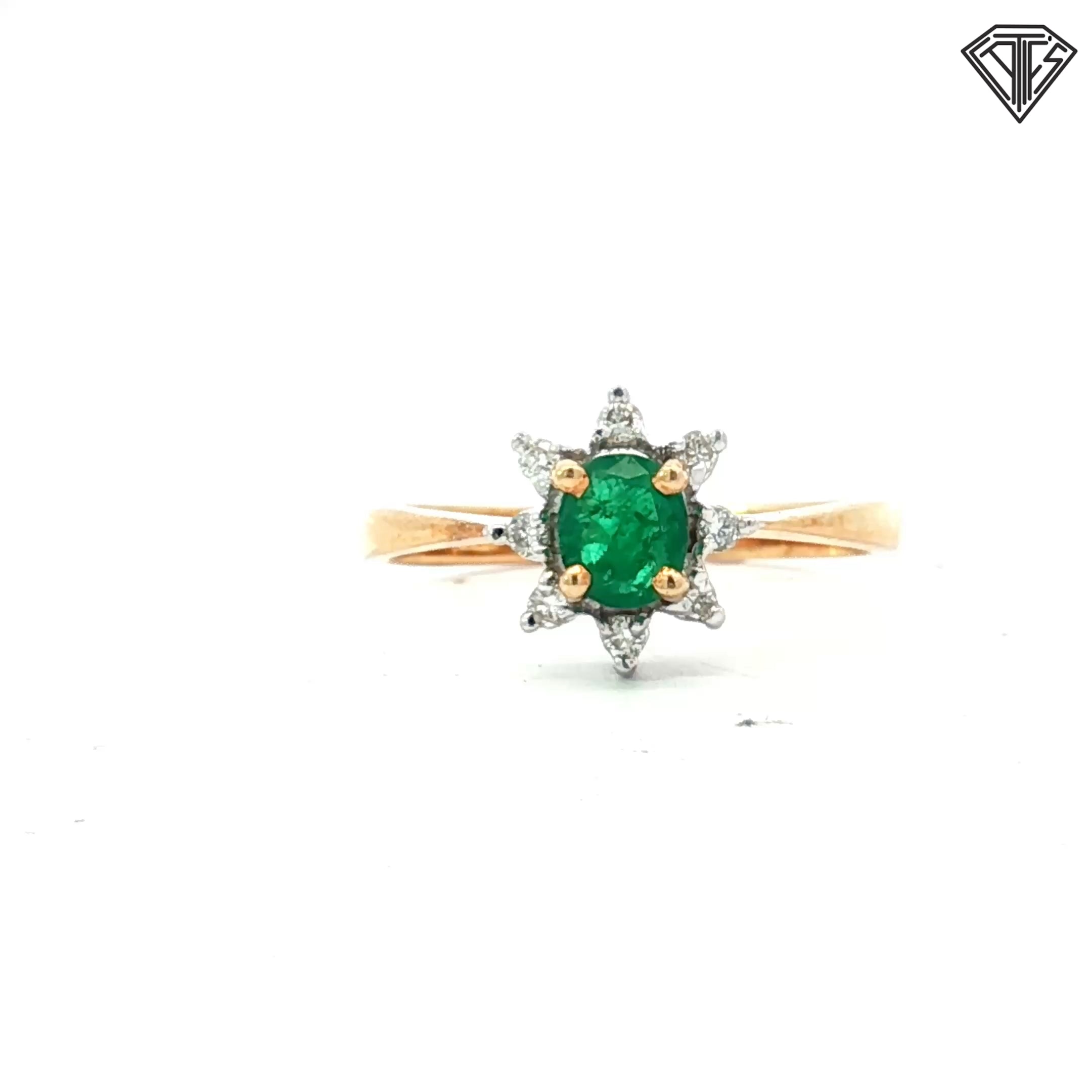 14k Two Tone .50ct Oval-Cut Emerald/ .10ct G SI1 Round Diamond with Starburst Halo Ring Size 6.5