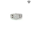 18k White Gold 1.00ct E VS2 Round and Princess Cut Diamond Halo Square Cluster with Pave Split Shark Right Hand Ring Size 6.5