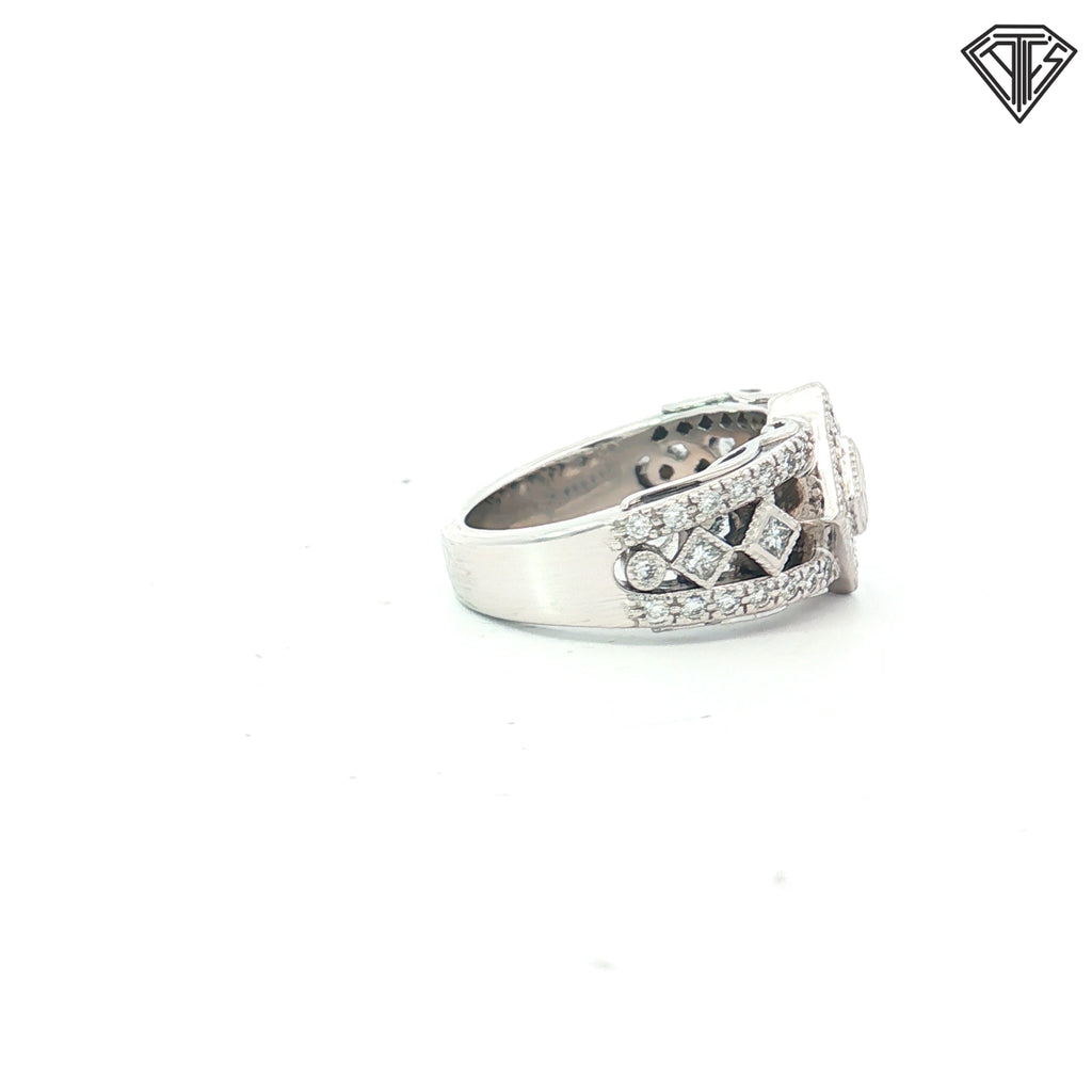 18k White Gold 1.00ct E VS2 Round and Princess Cut Diamond Halo Square Cluster with Pave Split Shark Right Hand Ring Size 6.5