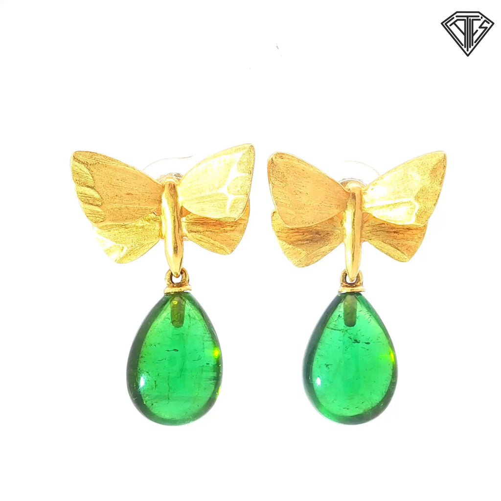 18k Yellow Gold Tear Drop Green Tourmaline Butterfly Earrings