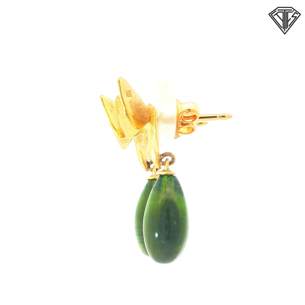18k Yellow Gold Tear Drop Green Tourmaline Butterfly Earrings