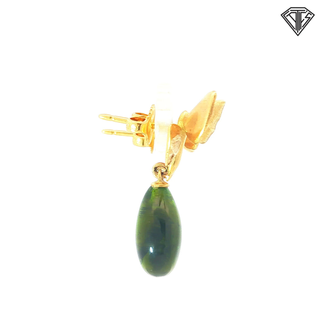 18k Yellow Gold Tear Drop Green Tourmaline Butterfly Earrings
