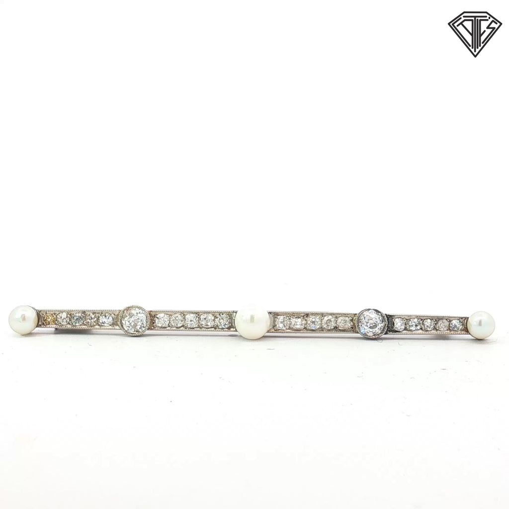 Platinum Edwardian 1.00ct Round Old Mine Cuts Fine Multigrain and Seed Pearls Brooch/Pin