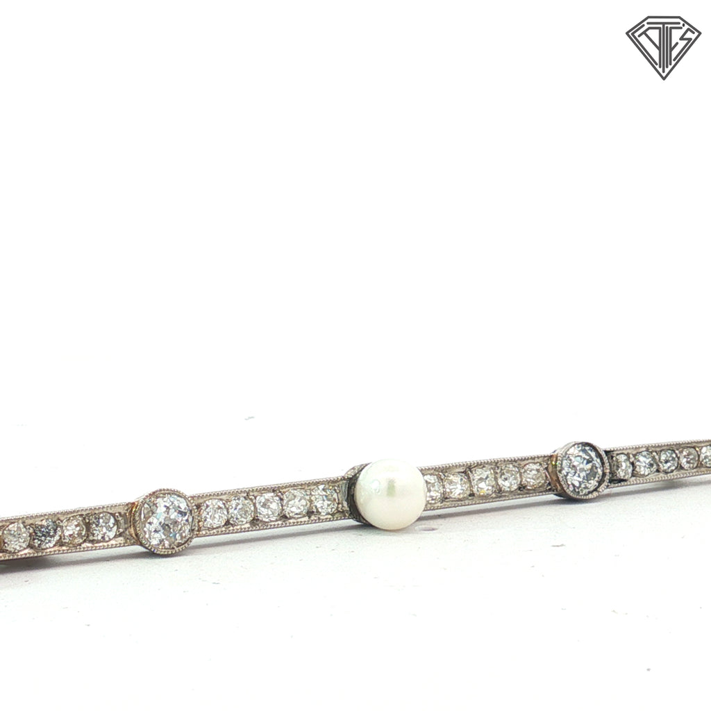 Platinum Edwardian 1.00ct Round Old Mine Cuts Fine Multigrain and Seed Pearls Brooch/Pin