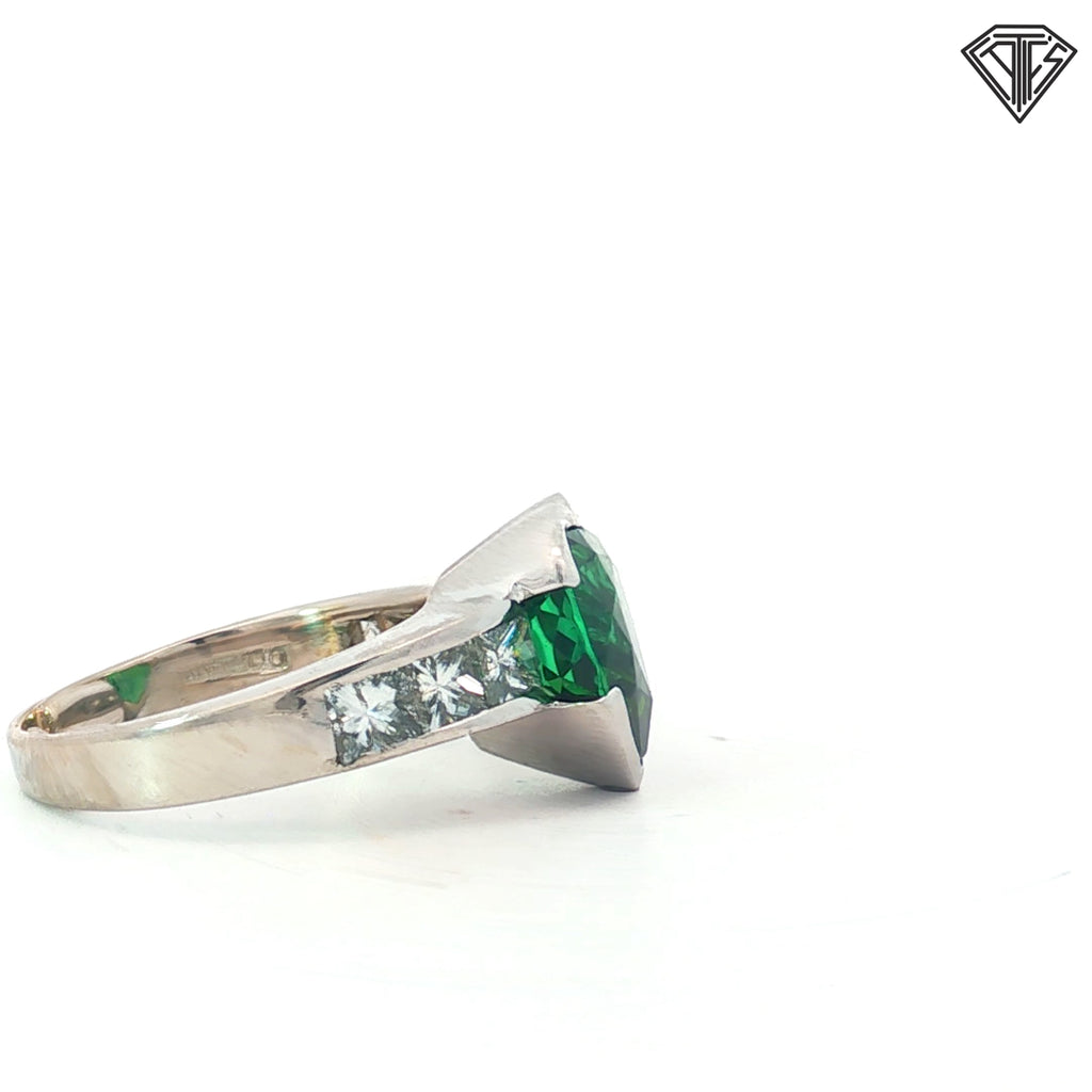 18k White Gold 5.00ct Heart Shape Green Tourmaline/ 1.15ct G VS2 Princess Cut Diamond "Doriann Designer Ring Size 6.5