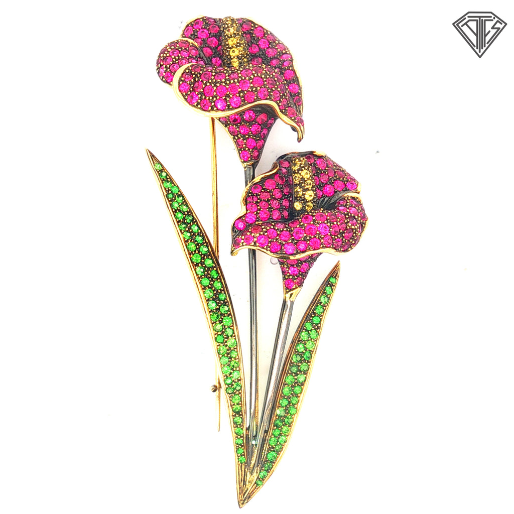 18k Yellow Gold 6-8ct in Round Gems /Tsavorite, Yellow Sapphires and Rubies Cala Lily Pin/ Brooch