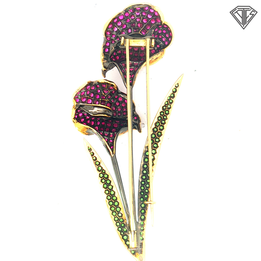 18k Yellow Gold 6-8ct in Round Gems /Tsavorite, Yellow Sapphires and Rubies Cala Lily Pin/ Brooch