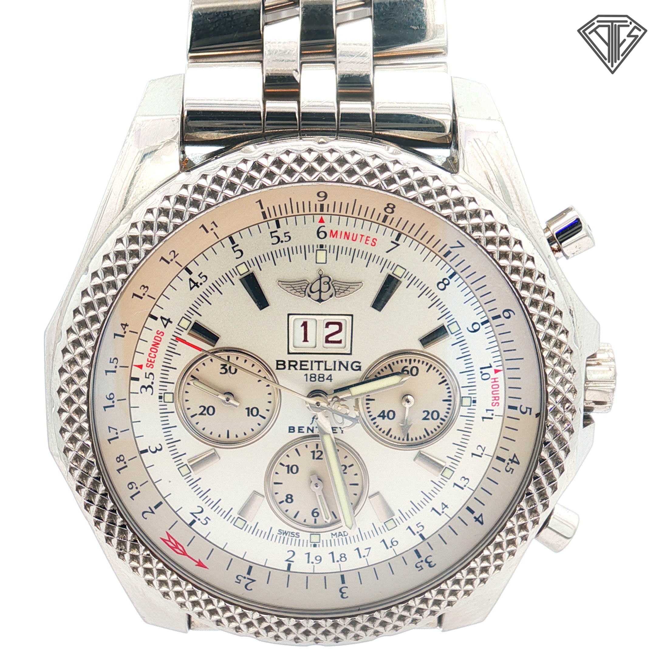Pre-Owned Breitling Bentley 6.75 with Silver Dial/ Stainless Steel Case/ 49mm/ Chronograph/ Box and Paper