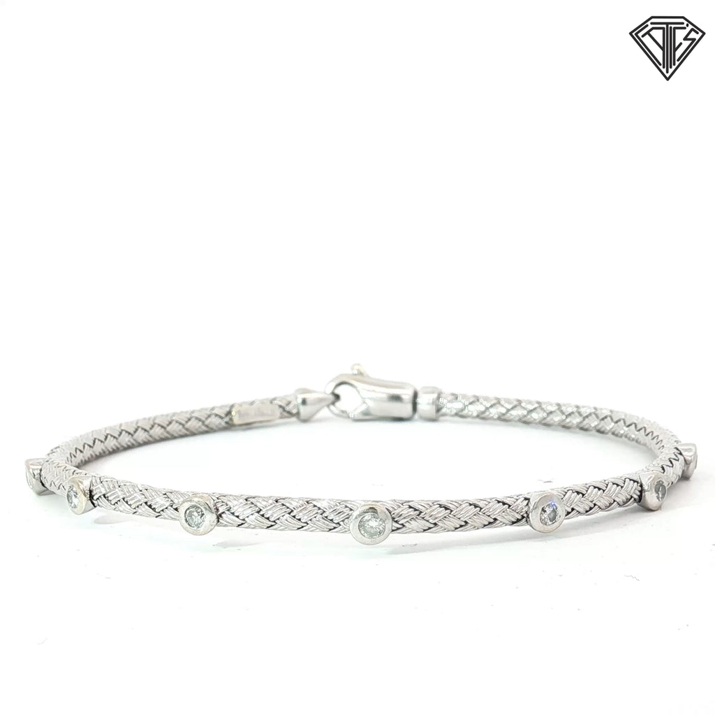 14k White Gold .25ct G SI1 (7) Round Diamond Bezel Set Flexible Weaved Bangle Bracelet 6.7 gram