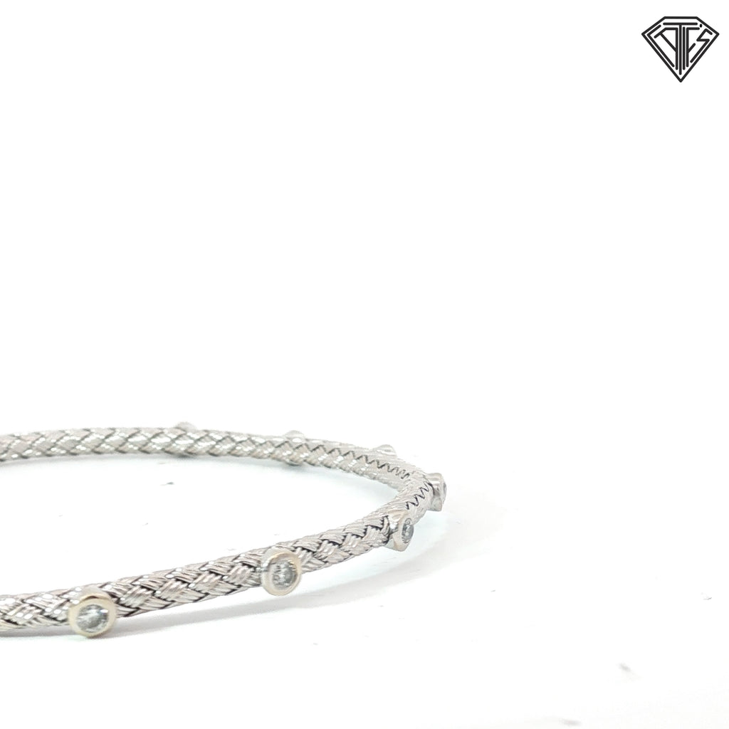 14k White Gold .25ct G SI1 (7) Round Diamond Bezel Set Flexible Weaved Bangle Bracelet 6.7 gram