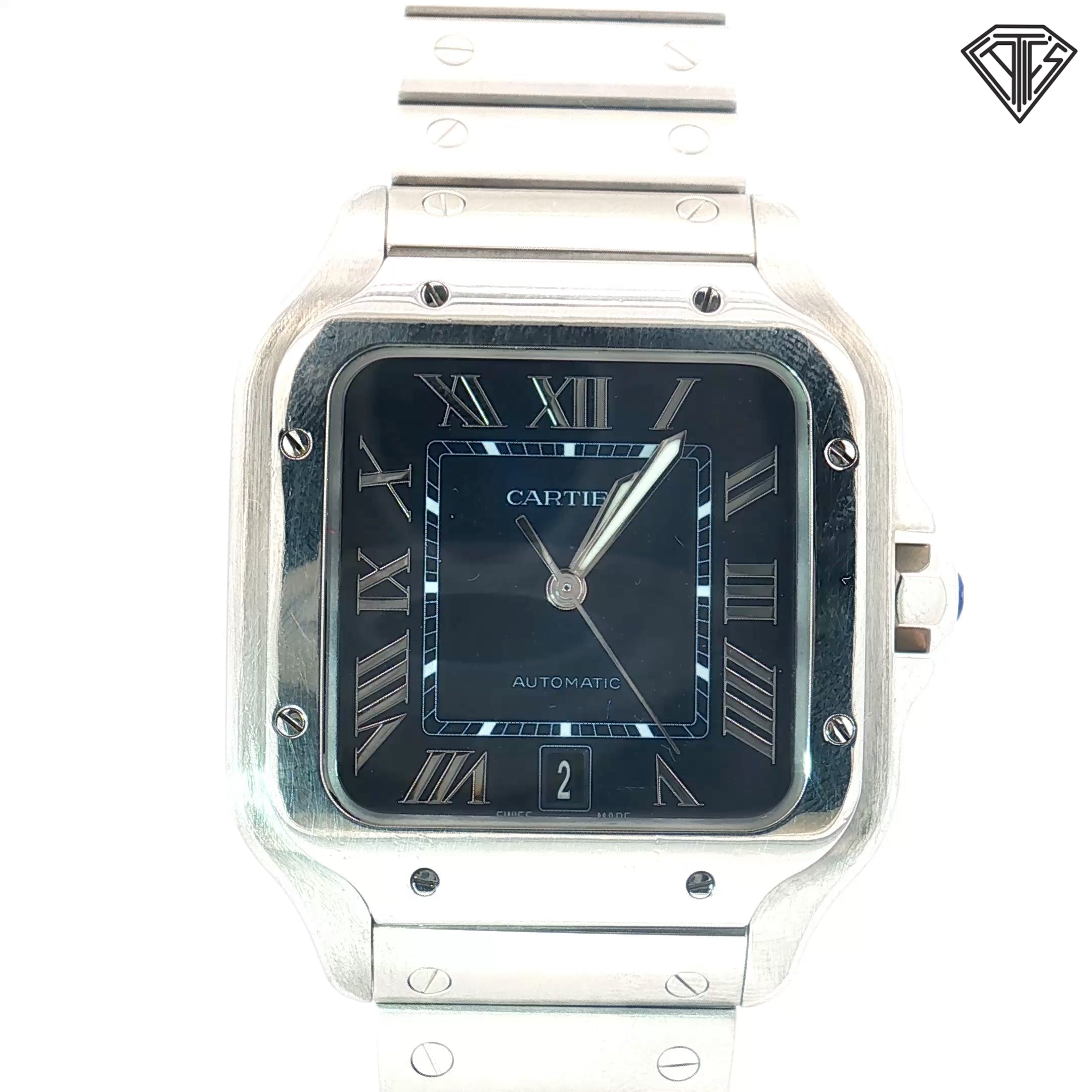 Pre-Owned Cartier Santos De Cartier Ref#4072 / Case and Bracelet Stainless Steel / Automatic/ Blue Dial / Roman Numerals/ 39.8mm