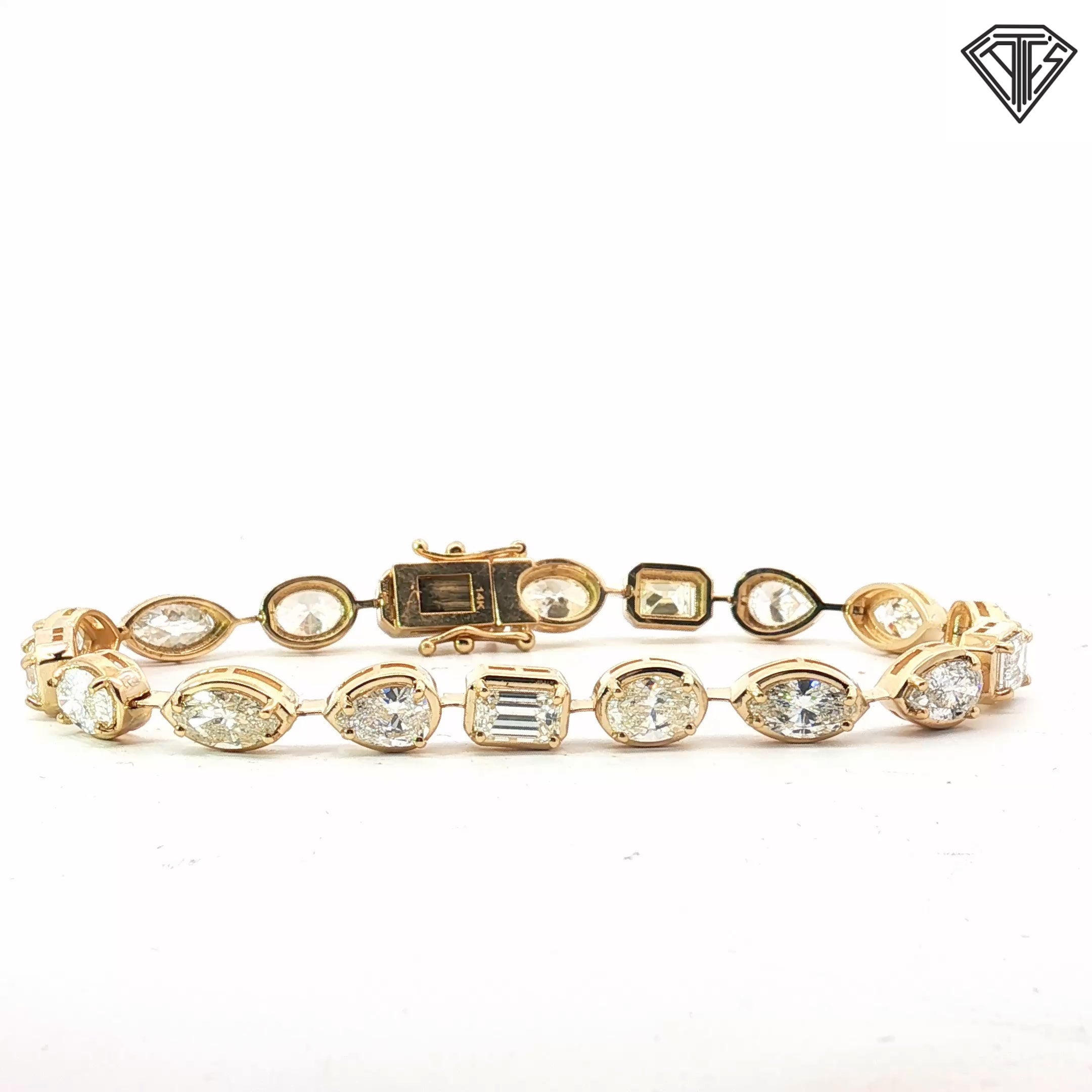 14k Yellow Gold 9.95ct H/ I/ J VS2 Oval, Marquise and Emerald Cut Diamond Total of (18) Stones Bracelet  7"inch Certified By GIA #2171641727 / GIA# 6177641720