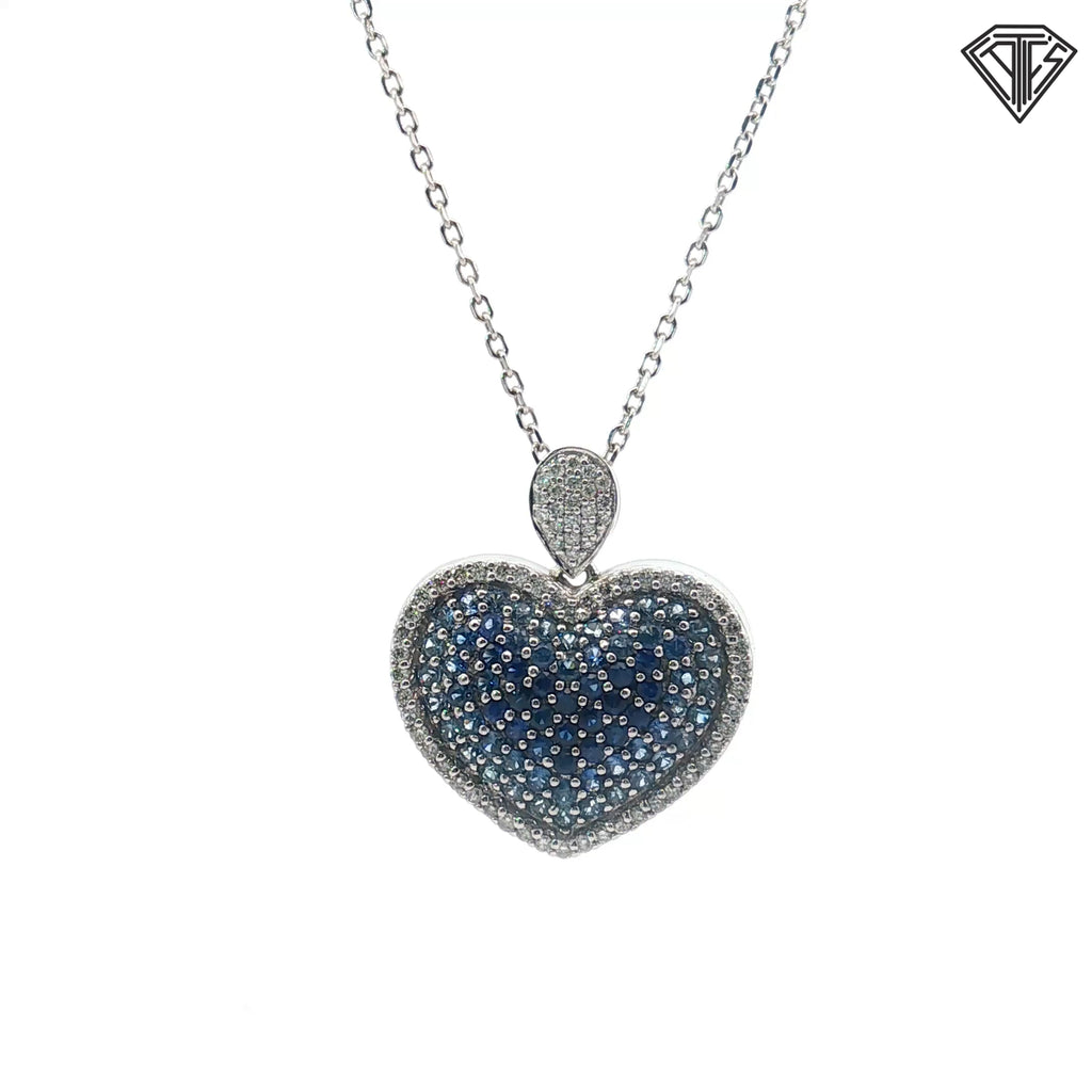 14k White Gold 1.00ct Round Graduated Blue Sapphire/ .50ct G VS2 Round Diamond Puffed Heart Pendant 3/4"