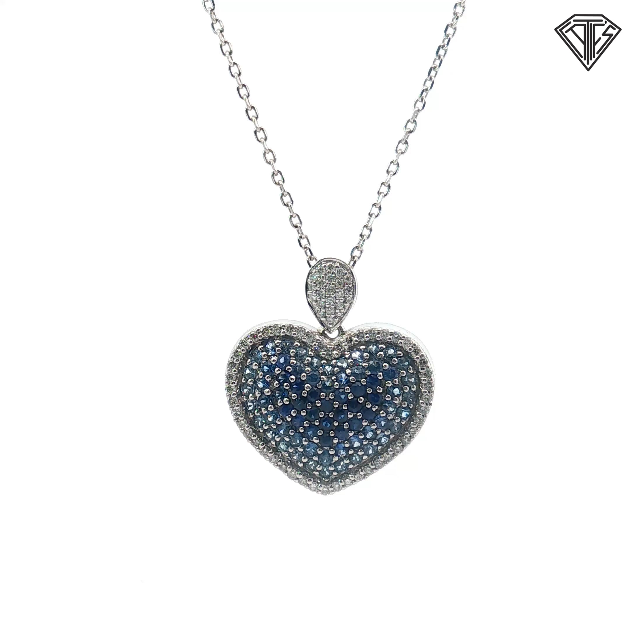 14k White Gold 1.00ct Round Graduated Blue Sapphire/ .50ct G VS2 Round Diamond Puffed Heart Pendant 3/4"
