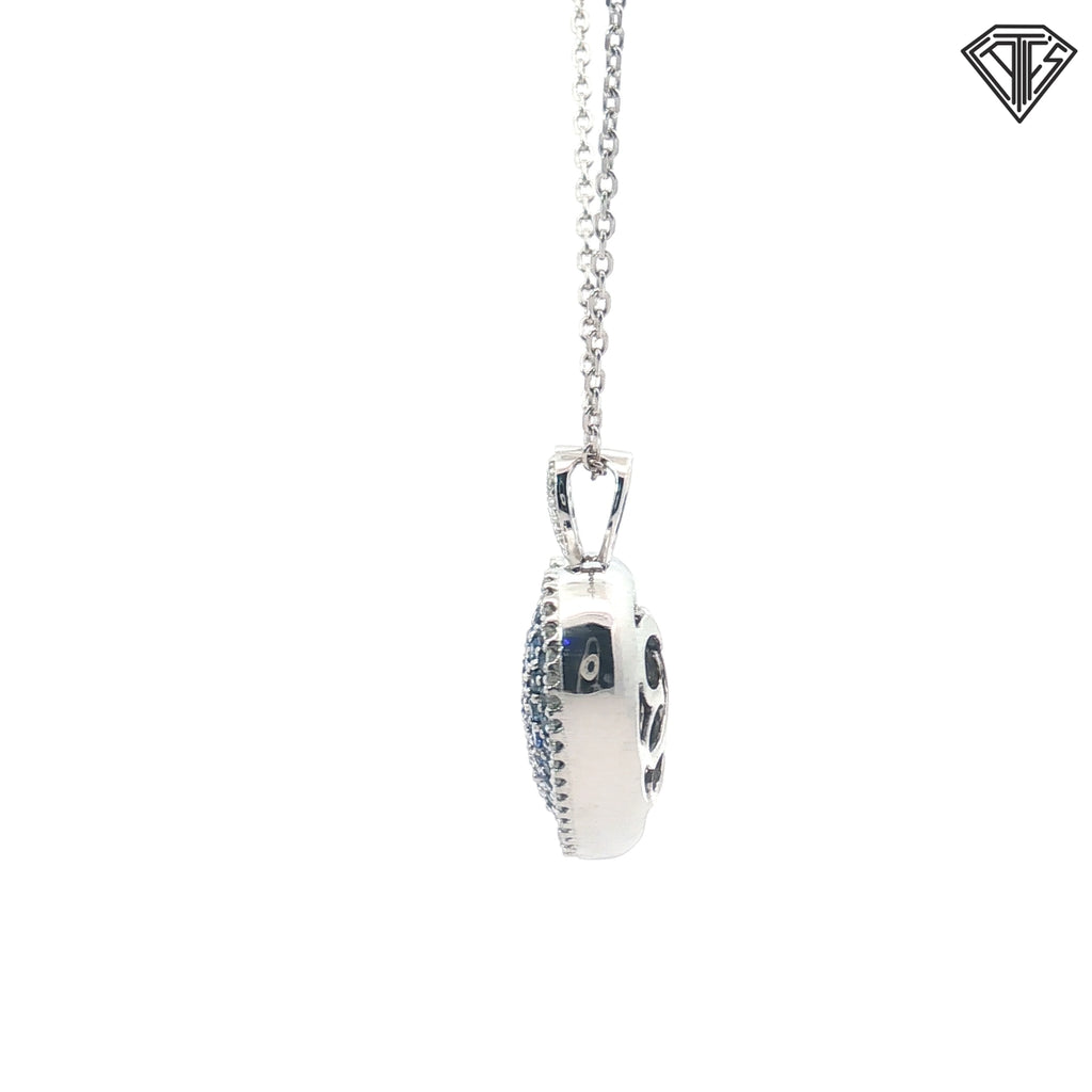 14k White Gold 1.00ct Round Graduated Blue Sapphire/ .50ct G VS2 Round Diamond Puffed Heart Pendant 3/4"