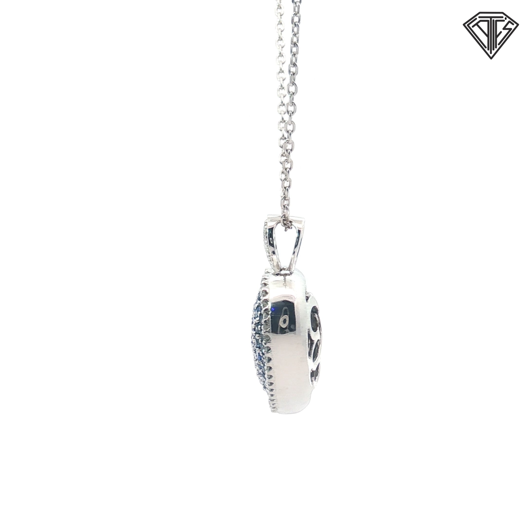 14k White Gold 1.00ct Round Graduated Blue Sapphire/ .50ct G VS2 Round Diamond Puffed Heart Pendant 3/4"