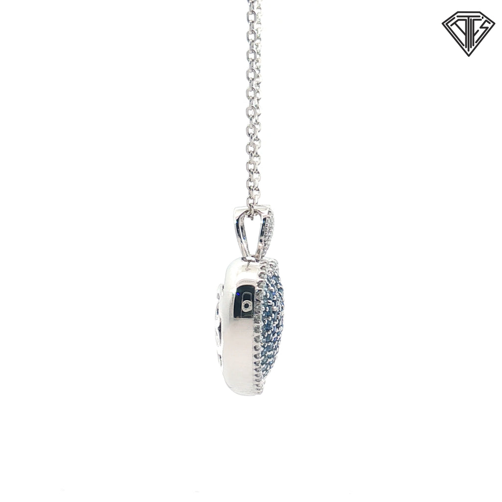 14k White Gold 1.00ct Round Graduated Blue Sapphire/ .50ct G VS2 Round Diamond Puffed Heart Pendant 3/4"