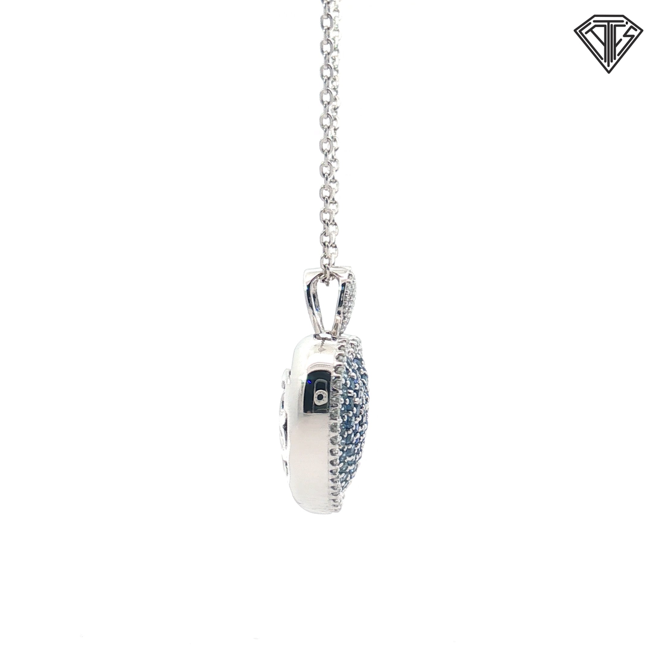 14k White Gold 1.00ct Round Graduated Blue Sapphire/ .50ct G VS2 Round Diamond Puffed Heart Pendant 3/4"
