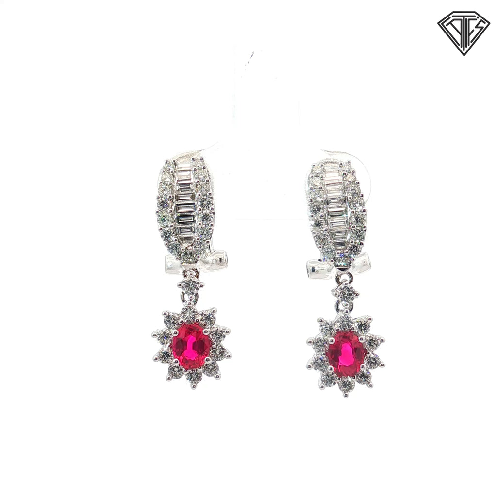 18k White Gold 1.25ct F VS2 Round and Baguette Diamond/ .90ct Oval AAAA Ruby Dangle Drop Earrings