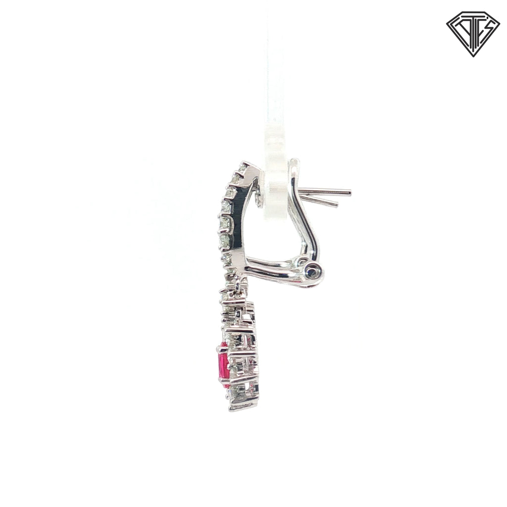 18k White Gold 1.25ct F VS2 Round and Baguette Diamond/ .90ct Oval AAAA Ruby Dangle Drop Earrings
