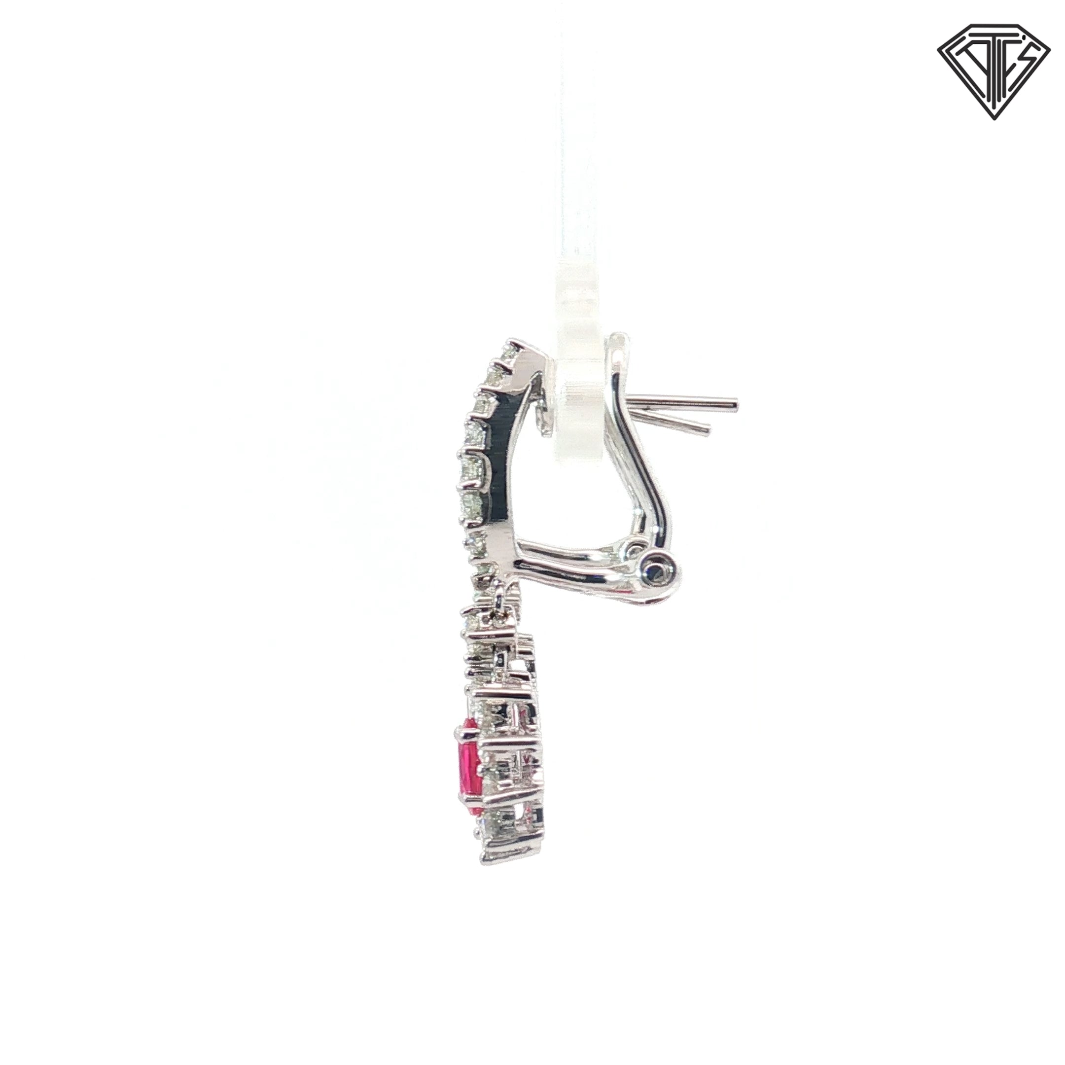18k White Gold 1.25ct F VS2 Round and Baguette Diamond/ .90ct Oval AAAA Ruby Dangle Drop Earrings