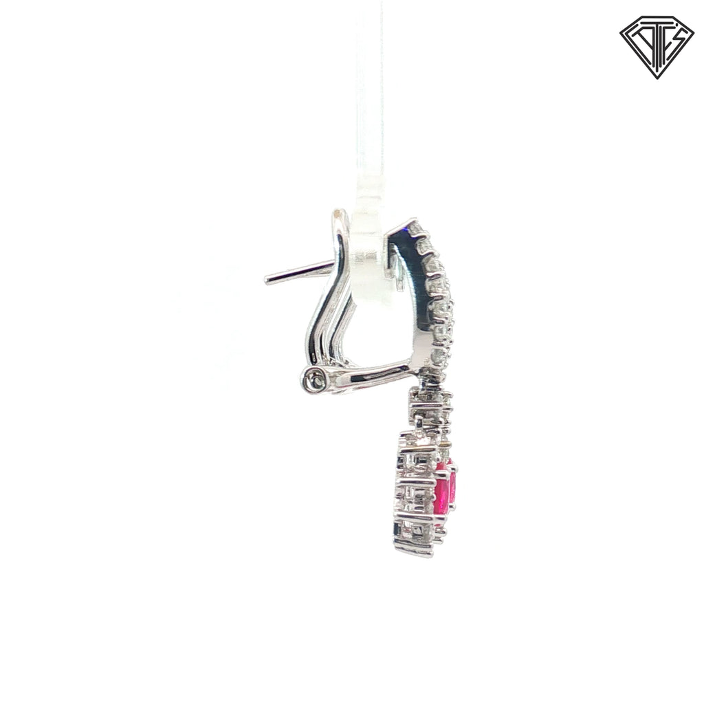 18k White Gold 1.25ct F VS2 Round and Baguette Diamond/ .90ct Oval AAAA Ruby Dangle Drop Earrings