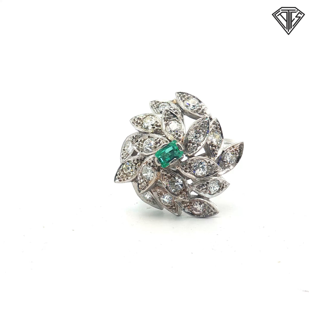 Platinum 2.00ct G VS2 Round Diamond/ .35ct Colombian Emerald Vintage Ring Size 9