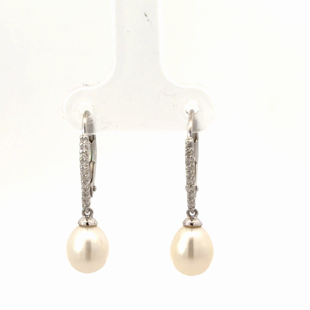 14k White Gold .15ct G SI1 Round Diamond/ Fresh Water White Pearl  Dangle Drop Lever Back Hoop Earrings